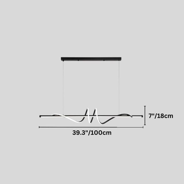 "A modern linear pendant light with wave-like curves, showing dimensions of 39.3 inches in width and 7 inches in height."