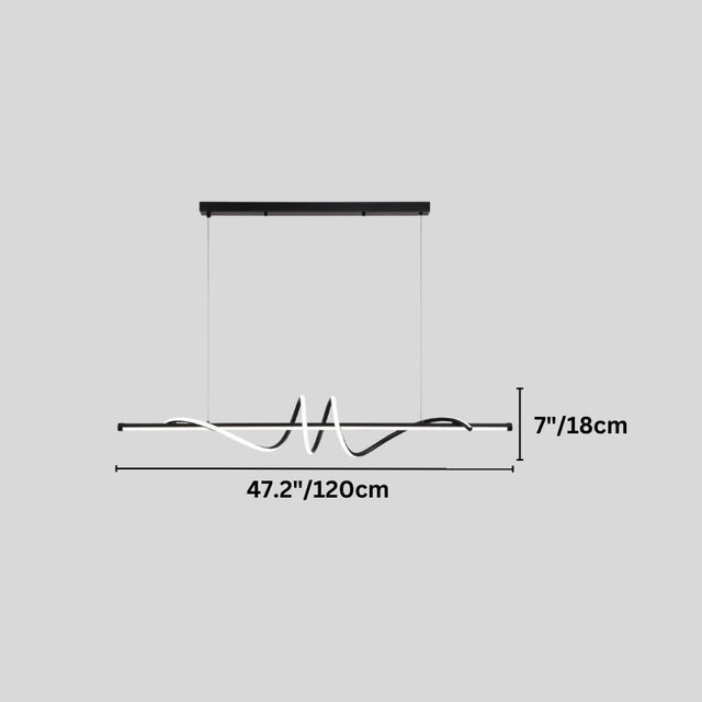 "A modern linear pendant light with wave-like curves, showing dimensions of 47.2 inches in width and 7 inches in height."