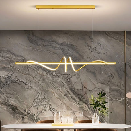 "A modern gold linear pendant light with wave-like curves, hanging above a dining table in a dining room with a marble wall."
