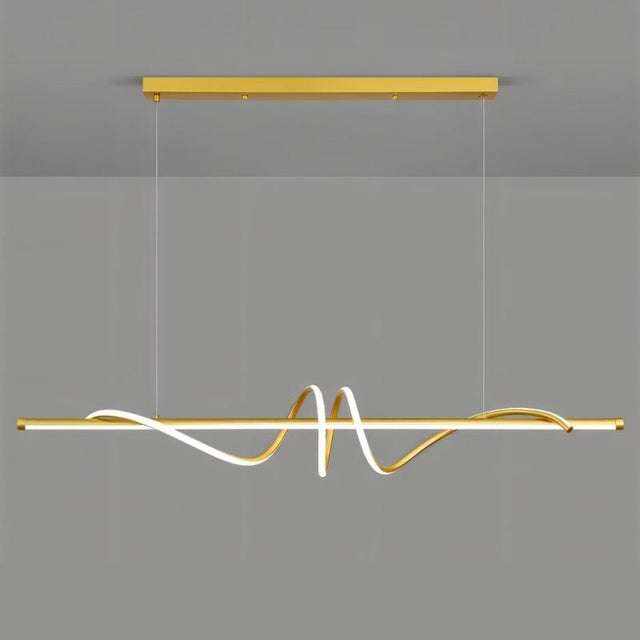 "A modern gold linear pendant light with wave-like curves, suspended against a gray background."