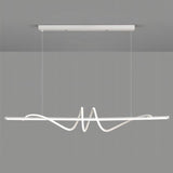 "A modern white linear pendant light with wave-like curves, suspended against a gray background."
