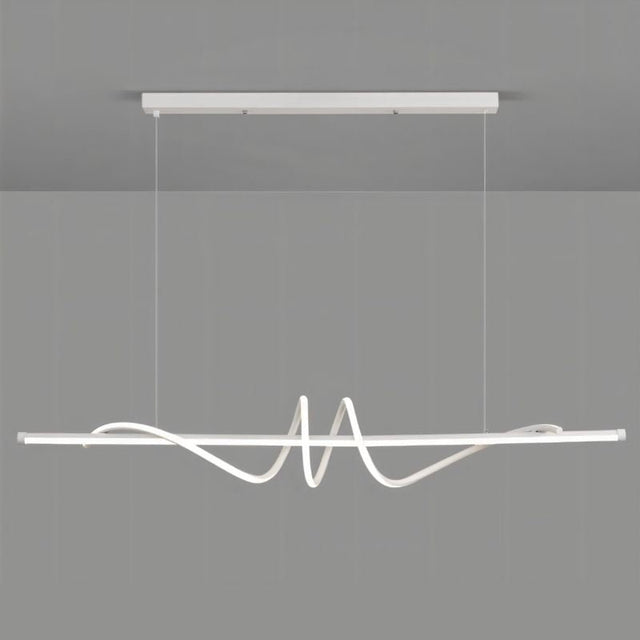 "A modern white linear pendant light with wave-like curves, suspended against a gray background."