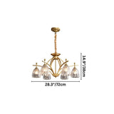 "Gold chandelier with five glass shades on an arched frame."