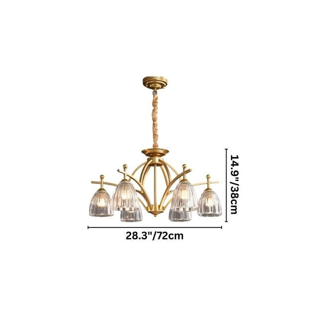 "Gold chandelier with five glass shades on an arched frame."