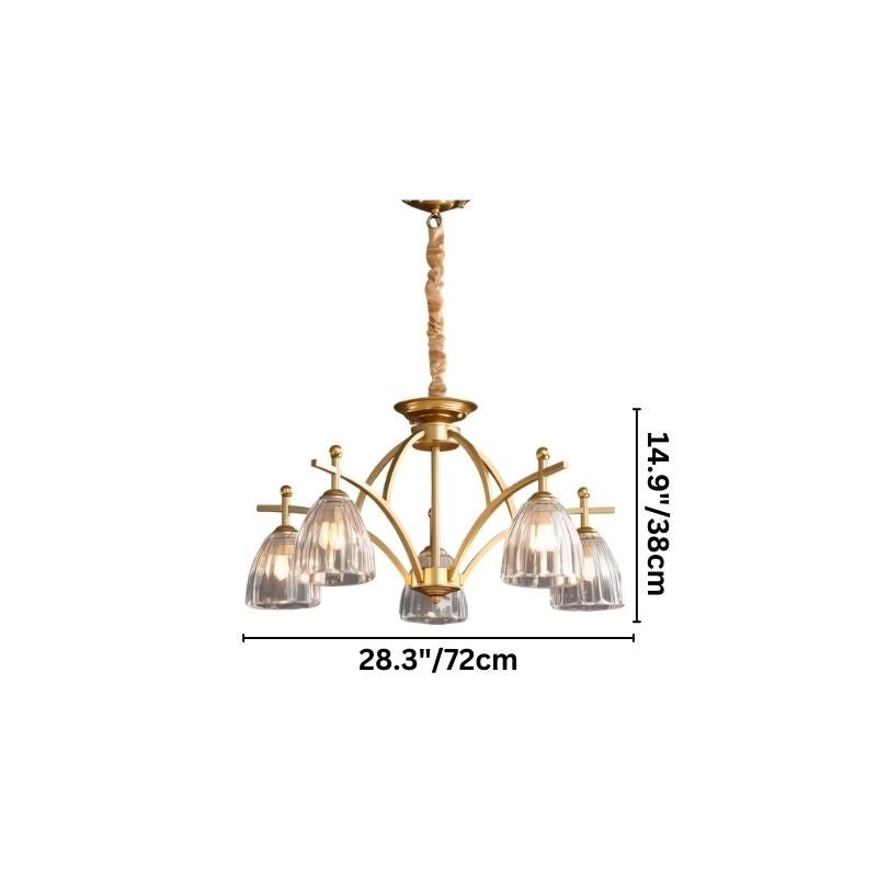 "Gold chandelier with five glass shades on an arched frame."