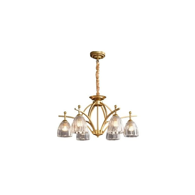 "Gold chandelier with five glass shades on an arched frame."