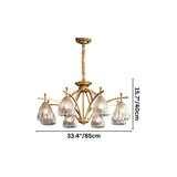 "Gold chandelier with six glass shades on an arched frame."