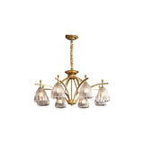 "Gold chandelier with six glass shades on an arched frame."