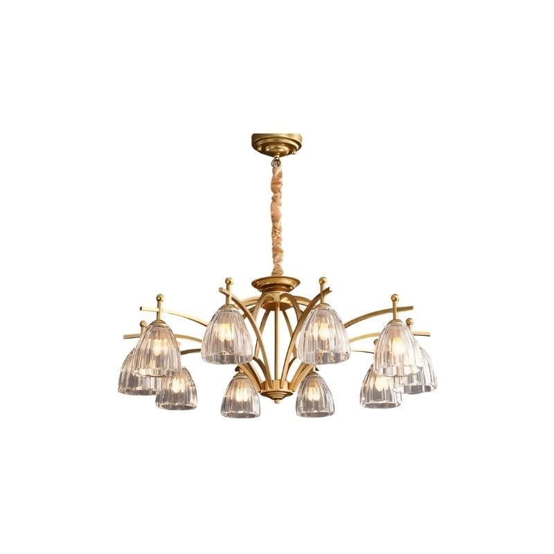 "Gold chandelier with eight glass shades on an arched frame."