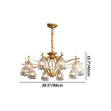 "Gold chandelier with multiple glass shades hanging from an arched frame."