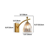 "A gold wall lamp with fluted glass shade and dimensions shown."