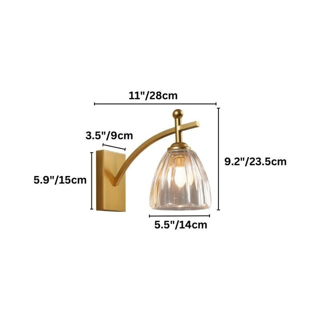 "A gold wall lamp with fluted glass shade and dimensions shown."