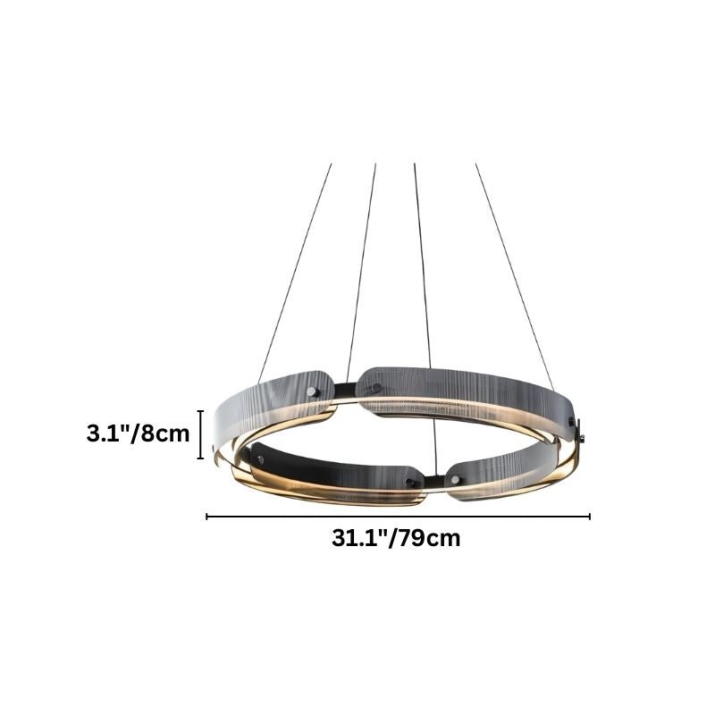 "A circular, segmented chandelier with a ring design, made of iron and glass, suspended by thin cables."