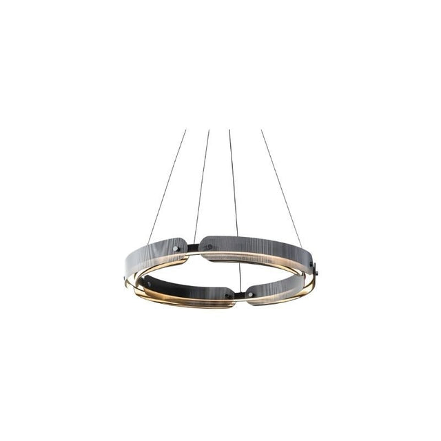 "A modern, circular chandelier with a segmented ring design, made of iron and glass, suspended by thin cables."