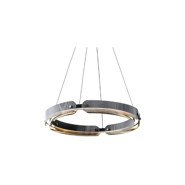 "A modern, circular chandelier with a segmented ring design, made of iron and glass, suspended by thin cables."