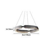 "A circular, segmented chandelier with a ring design, made of iron and glass, suspended by thin cables."