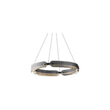 "A modern, circular chandelier with a segmented ring design, made of iron and glass, suspended by thin cables."