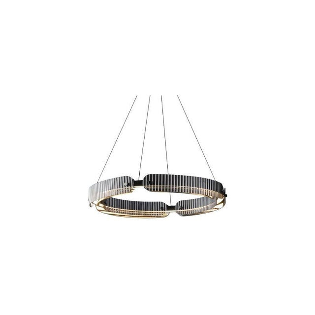 "A modern, circular chandelier with a segmented ring design, made of iron and glass, suspended by thin cables."
