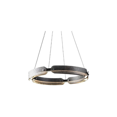 "A modern, circular chandelier with a segmented ring design and textured pattern, made of iron and glass, suspended by thin cables."