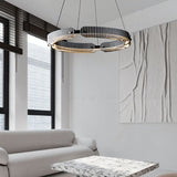 "A modern, circular chandelier with a segmented ring design, made of iron and glass, suspended by thin cables in a contemporary living room."