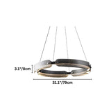 "A circular, segmented chandelier with a ring design, made of iron and glass, suspended by thin cables."