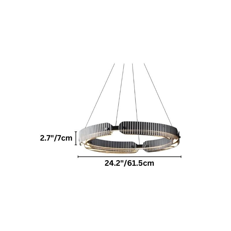 "A smaller, circular, segmented chandelier with a ring design, made of iron and glass, suspended by thin cables."