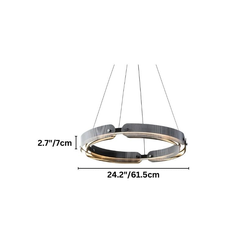 "A smaller, circular, segmented chandelier with a ring design, made of iron and glass, suspended by thin cables."