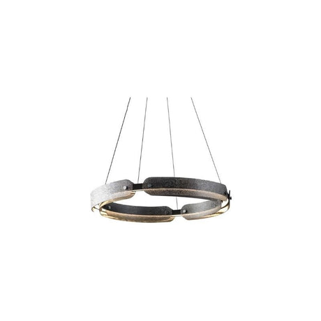 "A modern, circular chandelier with a segmented ring design and unique textured pattern, made of iron and glass, suspended by thin cables."