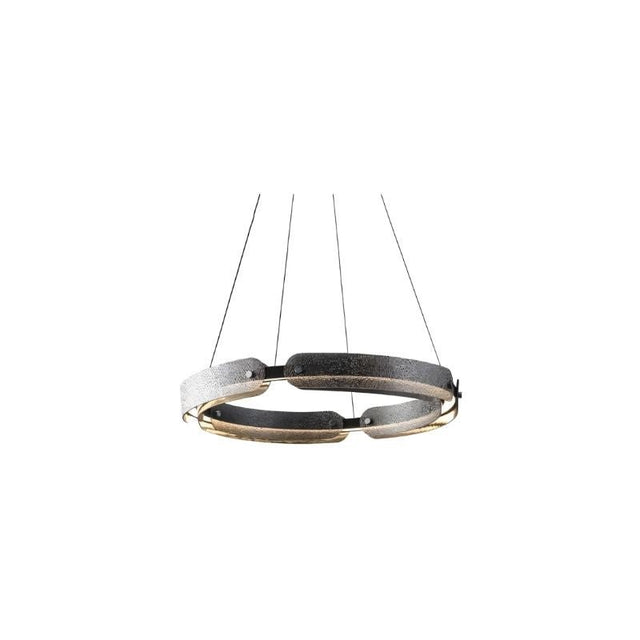 "A modern, circular chandelier with a segmented ring design and unique textured pattern, made of iron and glass, suspended by thin cables."