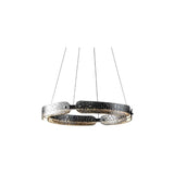 "A modern, circular chandelier with a segmented ring design and unique textured pattern, made of iron and glass, suspended by thin cables."