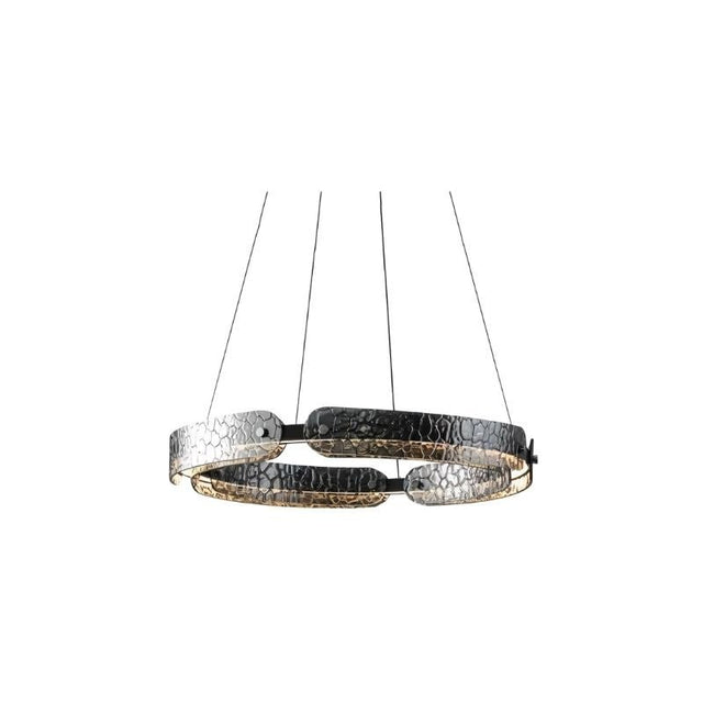 "A modern, circular chandelier with a segmented ring design and unique textured pattern, made of iron and glass, suspended by thin cables."