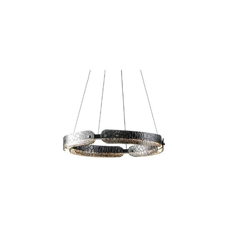 "A modern, circular chandelier with a segmented ring design and unique textured pattern, made of iron and glass, suspended by thin cables."
