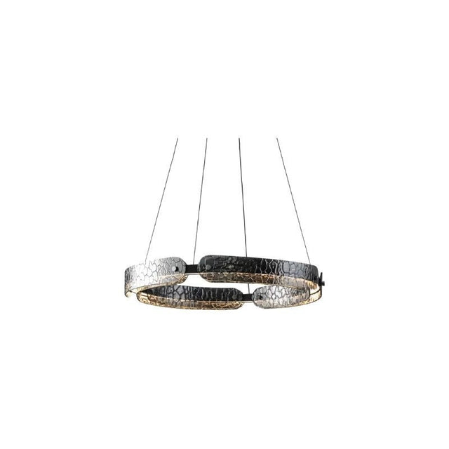 "A modern, circular chandelier with a segmented ring design and unique textured pattern, made of iron and glass, suspended by thin cables."