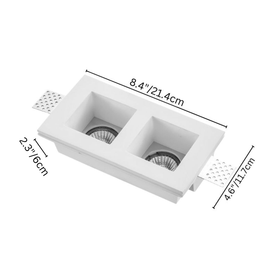 "Dimensions of trimless recessed downlight with dual square openings, made from gypsum and aluminum, providing efficient and focused lighting for modern interiors."