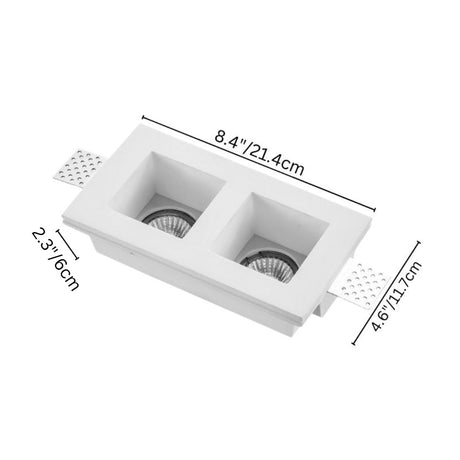 "Dimensions of trimless recessed downlight with dual square openings, made from gypsum and aluminum, providing efficient and focused lighting for modern interiors."