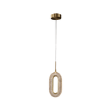 Isolated view of Luxin Pendant Light featuring a single oval LED ring in copper and acrylic, suspended from a brass ceiling mount.