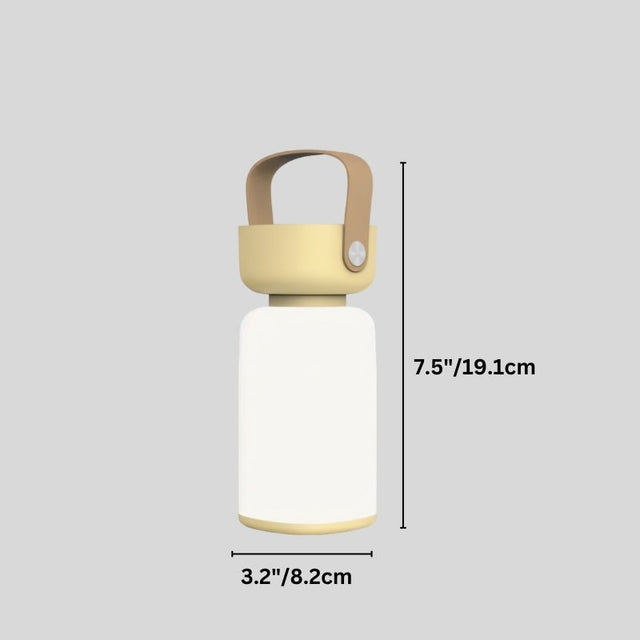 "A beige and white cylindrical table lamp with a handle, showing dimensions of 7.5 inches in height and 3.2 inches in base diameter."