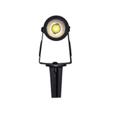 "Front view of an outdoor spotlight with spike mount, aluminum body, and adjustable head."