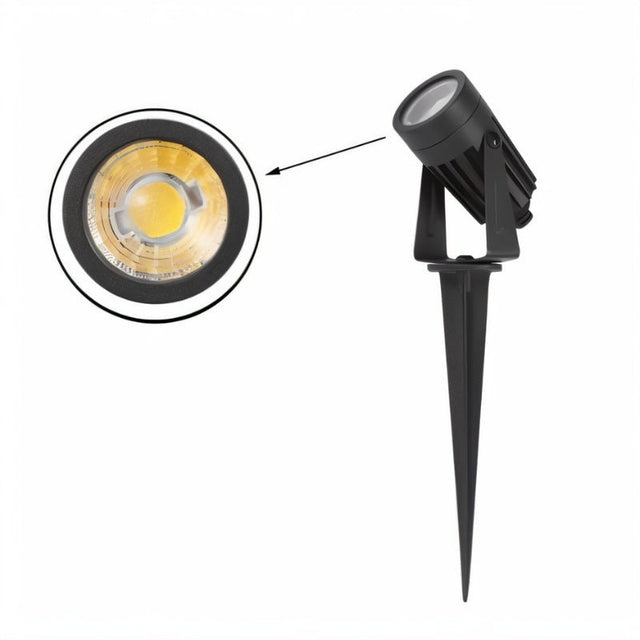 "Outdoor spotlight with spike mount, aluminum body, and close-up of LED light."