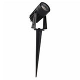 "Angled view of an outdoor spotlight with spike mount, aluminum body, and adjustable head."