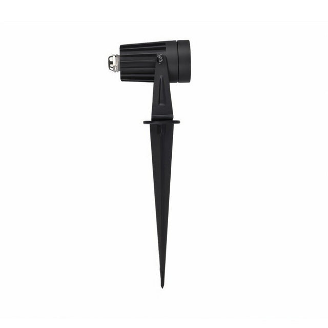 "Side view of an outdoor spotlight with spike mount, aluminum body, and adjustable head."