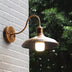 Brass wall lamp with curved arm and dome shade mounted on white brick wall with green foliage background.