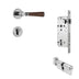 Door handle set with wood grip, chrome finish, mortise lock, and cylinder, displayed on white background.