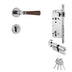 Chrome door handle with wood grip, mortise lock, cylinder, and keys displayed on white background.