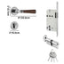 Chrome and wood door handle set with mortise lock, cylinder, and keys on white background.