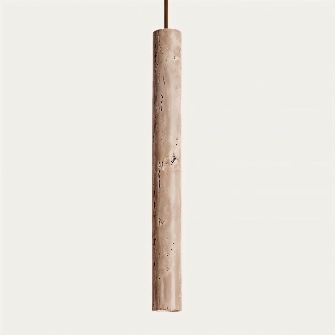 "Full view of a cylindrical yellow travertine pendant light, showing its natural stone texture and minimalist design, against a light background."