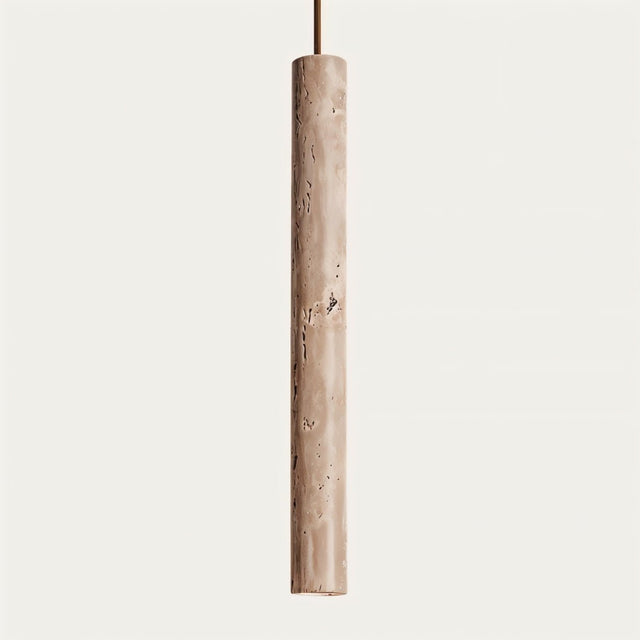"Full view of a cylindrical yellow travertine pendant light, showing its natural stone texture and minimalist design, against a light background."