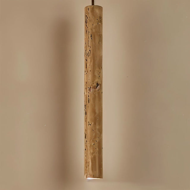 Marus Pendant Light - Open Box | Sleek Travertine Fixture illuminated in warm lighting, highlighting its earthy texture and tone.