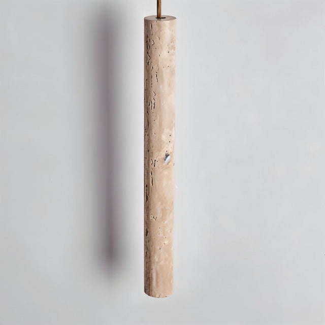 Close-up of Marus Pendant Light - Open Box | Sleek Travertine Fixture showing natural stone texture and cylindrical shape.