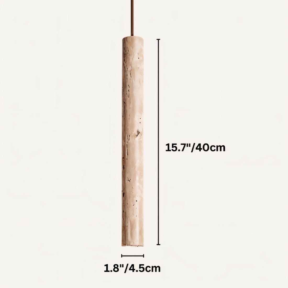 "Short cylindrical pendant light made of yellow travertine stone, showing natural texture, suspended against a plain background."